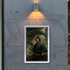 Miyamoto Musashi beneath a storm twisted pine poster 2