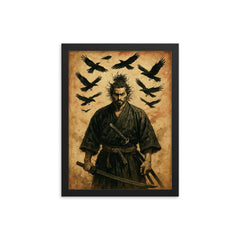 Miyamoto Musashi beneath circling crows framed print on a plain backdrop in size 12"x16".