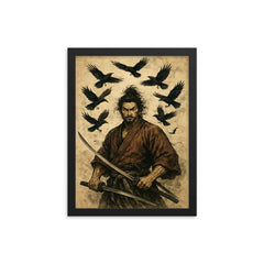 Miyamoto Musashi beneath circling crows framed print on a plain backdrop in size 12"x16".