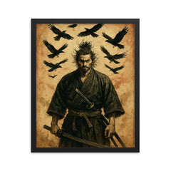 Miyamoto Musashi beneath circling crows framed print on a plain backdrop in size 16"x20".