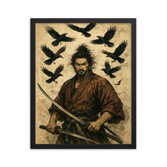 Miyamoto Musashi beneath circling crows framed print on a plain backdrop in size 16"x20".