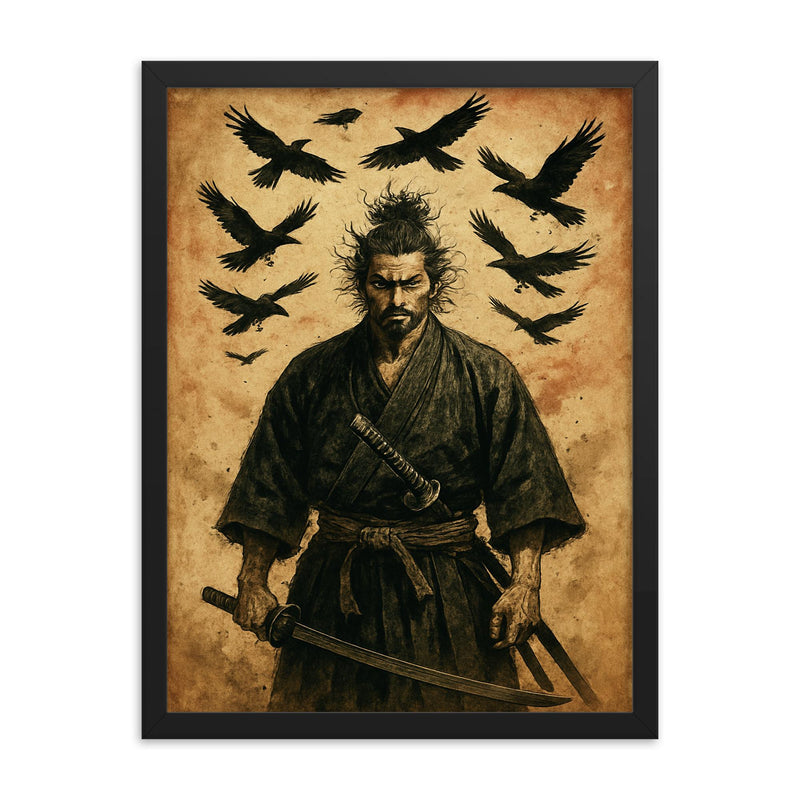 Miyamoto Musashi beneath circling crows framed print on a plain backdrop in size 18