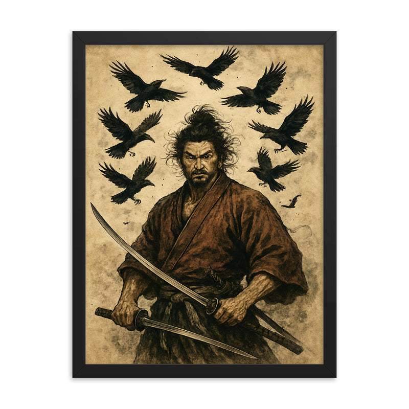 Miyamoto Musashi beneath circling crows framed print on a plain backdrop in size 18