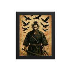 Miyamoto Musashi beneath circling crows framed print on a plain backdrop in size 8"x10".