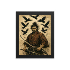 Miyamoto Musashi beneath circling crows framed print on a plain backdrop in size 8"x10".