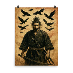 Miyamoto Musashi beneath circling crows poster on a plain backdrop in size 8"x10".