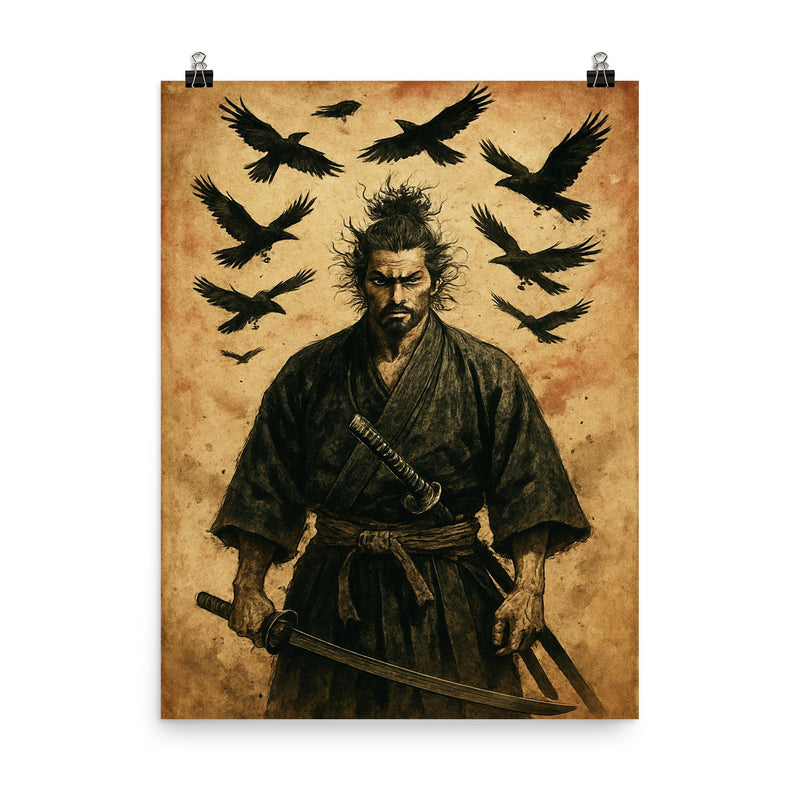 Miyamoto Musashi beneath circling crows poster on a plain backdrop in size 8