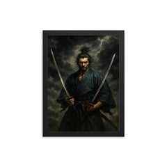 Miyamoto Musashi beneath storm clouds with two swords framed print on a plain backdrop in size 12"x16".