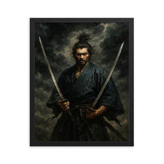Miyamoto Musashi beneath storm clouds with two swords framed print on a plain backdrop in size 16"x20".