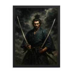 Miyamoto Musashi beneath storm clouds with two swords framed print on a plain backdrop in size 18"x24".