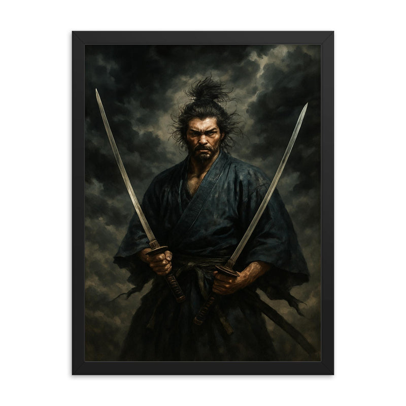 Miyamoto Musashi beneath storm clouds with two swords framed print on a plain backdrop in size 18