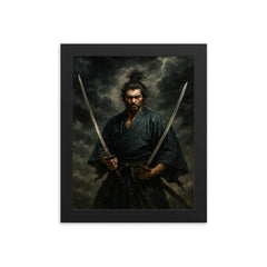 Miyamoto Musashi beneath storm clouds with two swords framed print on a plain backdrop in size 8"x10".