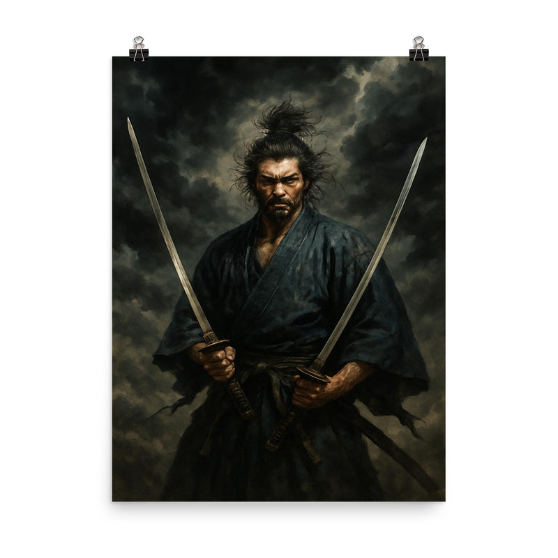 Miyamoto Musashi beneath storm clouds with two swords poster on a plain backdrop in size 8