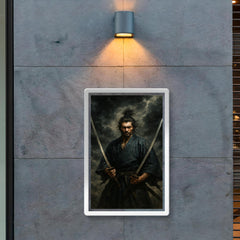 Miyamoto Musashi beneath storm clouds with two swords poster 2