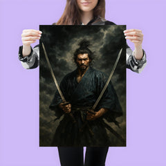 Miyamoto Musashi beneath storm clouds with two swords poster 3