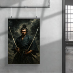 Miyamoto Musashi beneath storm clouds with two swords poster 4