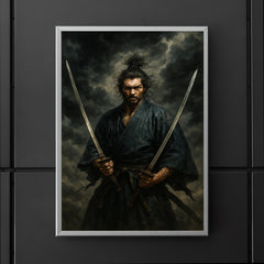 Miyamoto Musashi beneath storm clouds with two swords poster 5