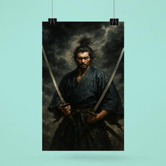 Miyamoto Musashi beneath storm clouds with two swords poster 6
