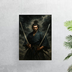 Miyamoto Musashi beneath storm clouds with two swords poster 7