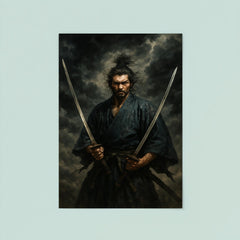 Miyamoto Musashi beneath storm clouds with two swords poster 8