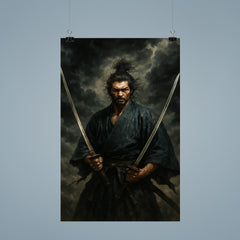 Miyamoto Musashi beneath storm clouds with two swords poster 9