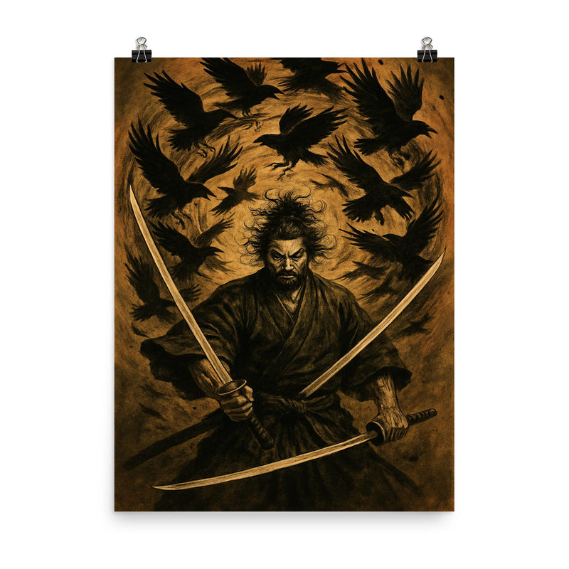Miyamoto Musashi beneath swirling crows dual swords drawn poster on a plain backdrop in size 8