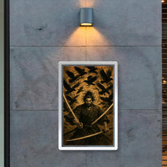 Miyamoto Musashi beneath swirling crows dual swords drawn poster 2