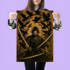 Miyamoto Musashi beneath swirling crows dual swords drawn poster 3