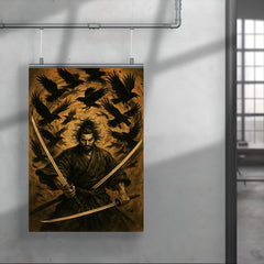 Miyamoto Musashi beneath swirling crows dual swords drawn poster 4