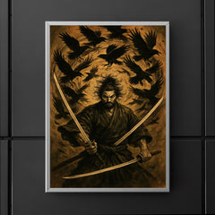 Miyamoto Musashi beneath swirling crows dual swords drawn poster 5