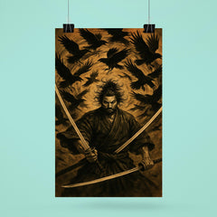 Miyamoto Musashi beneath swirling crows dual swords drawn poster 6