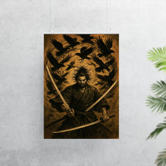 Miyamoto Musashi beneath swirling crows dual swords drawn poster 7