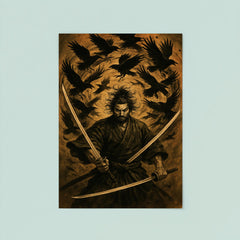 Miyamoto Musashi beneath swirling crows dual swords drawn poster 8