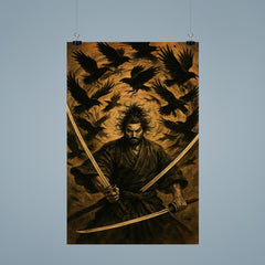 Miyamoto Musashi beneath swirling crows dual swords drawn poster 9