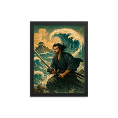 Miyamoto Musashi facing waves at Ganryu Island framed print on a plain backdrop in size 12"x16".
