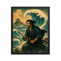Miyamoto Musashi facing waves at Ganryu Island framed print on a plain backdrop in size 16"x20".