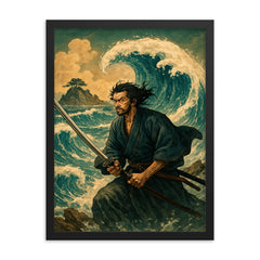 Miyamoto Musashi facing waves at Ganryu Island framed print on a plain backdrop in size 18"x24".