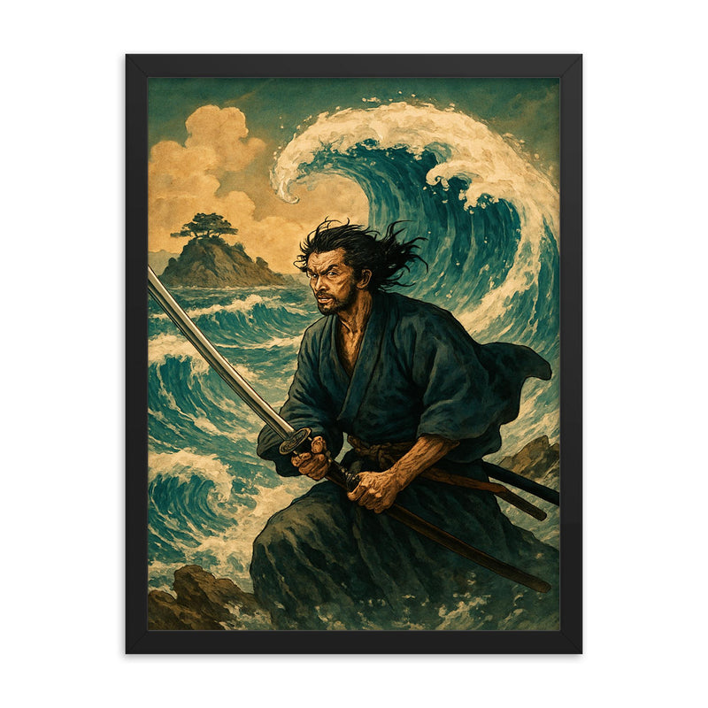 Miyamoto Musashi facing waves at Ganryu Island framed print on a plain backdrop in size 18