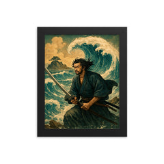 Miyamoto Musashi facing waves at Ganryu Island framed print on a plain backdrop in size 8"x10".