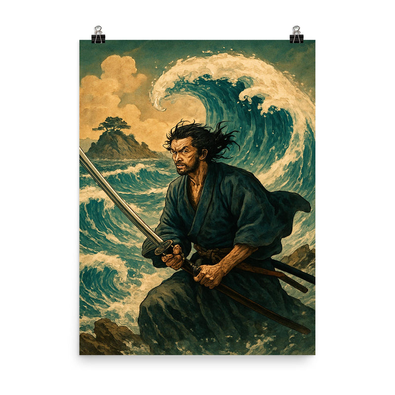 Miyamoto Musashi facing waves at Ganryu Island poster on a plain backdrop in size 8