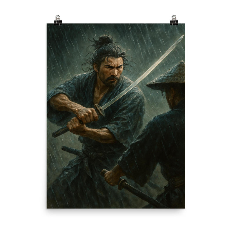 Miyamoto Musashi in a rain soaked duel poster on a plain backdrop in size 8
