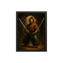 Miyamoto Musashi in cave with twin swords framed print on a plain backdrop in size 12"x16".