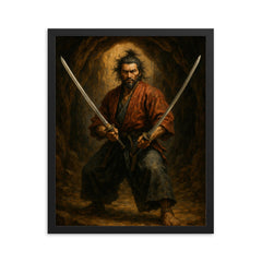 Miyamoto Musashi in cave with twin swords framed print on a plain backdrop in size 16"x20".