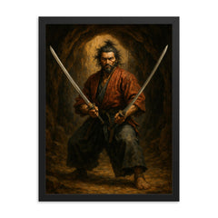 Miyamoto Musashi in cave with twin swords framed print on a plain backdrop in size 18"x24".