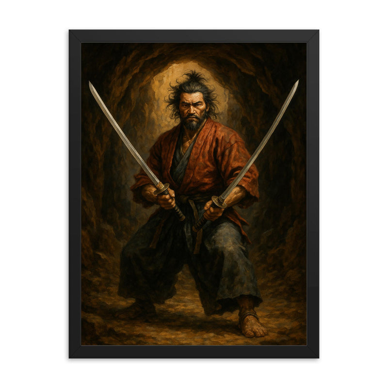 Miyamoto Musashi in cave with twin swords framed print on a plain backdrop in size 18