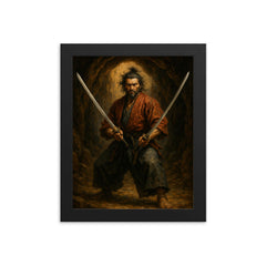 Miyamoto Musashi in cave with twin swords framed print on a plain backdrop in size 8"x10".