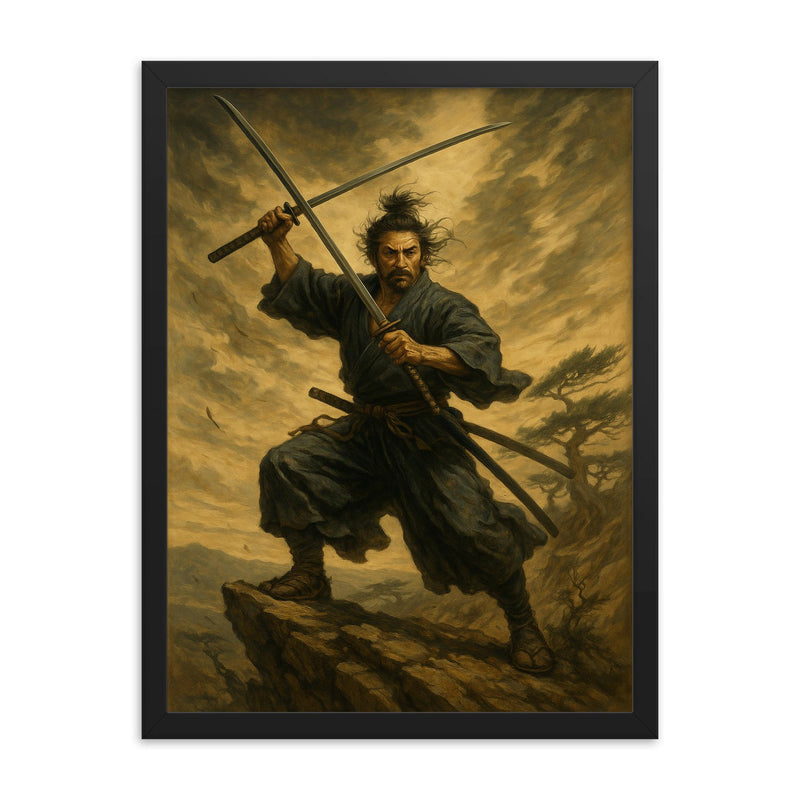 Miyamoto Musashi on a windblown cliff dual swords drawn framed print mockup 18x24