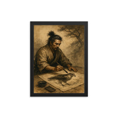 Miyamoto Musashi painting a hawk in solitude framed print on a plain backdrop in size 12"x16".