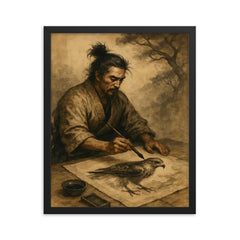 Miyamoto Musashi painting a hawk in solitude framed print on a plain backdrop in size 16"x20".