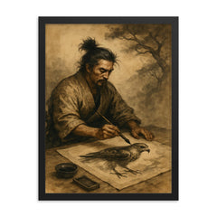 Miyamoto Musashi painting a hawk in solitude framed print on a plain backdrop in size 18"x24".